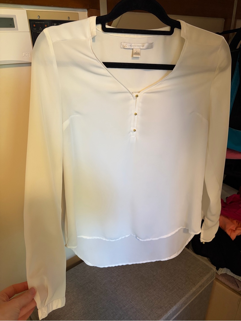 LC Lauren Conrad White Long-Sleeve V-Henley Blouse with Gold Accents